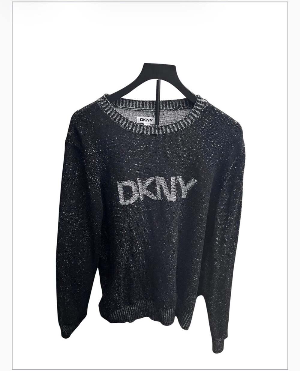 DKNY Black and Silver Metallic Lurex Logo Crew Neck Pullover Sweater